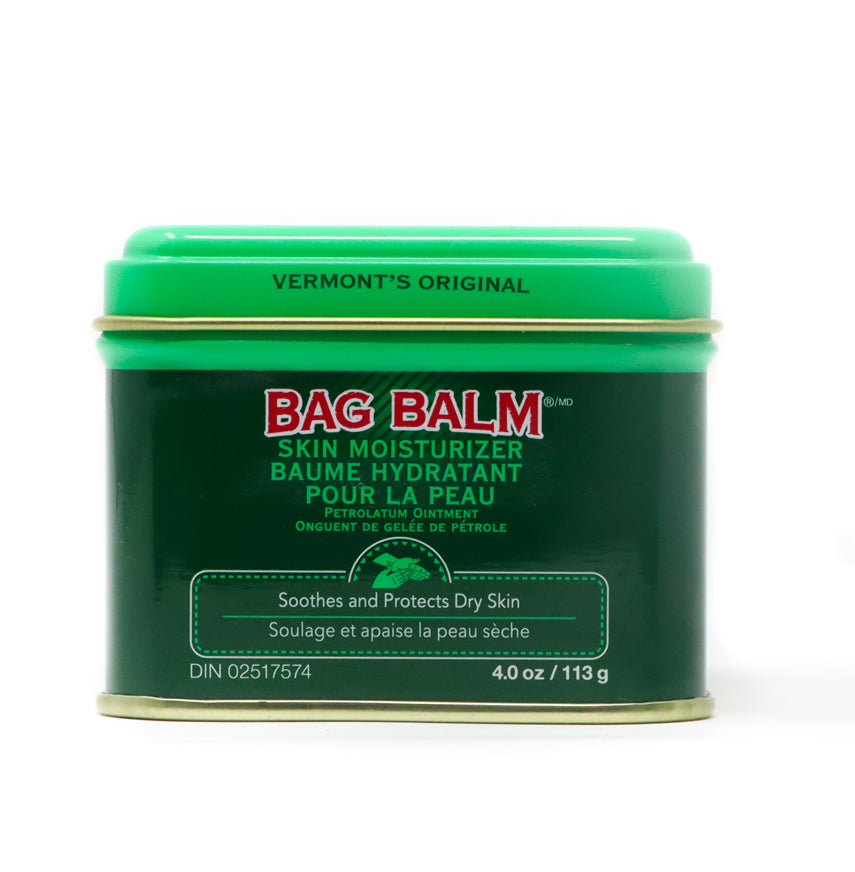 Bag Balm Skin Moisturizer 8 oz tin. The tin features a green design with the Bag Balm logo on the front. The moisturizer is known for its soothing and hydrating properties, suitable for dry or chapped skin. The tin is set against a white background.