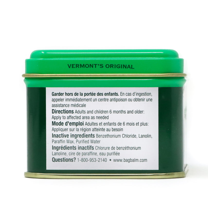 Bag Balm Skin Moisturizer 8 oz tin. The tin features a green design with the Bag Balm logo on the front. The moisturizer is known for its soothing and hydrating properties, suitable for dry or chapped skin. The tin is set against a white background.